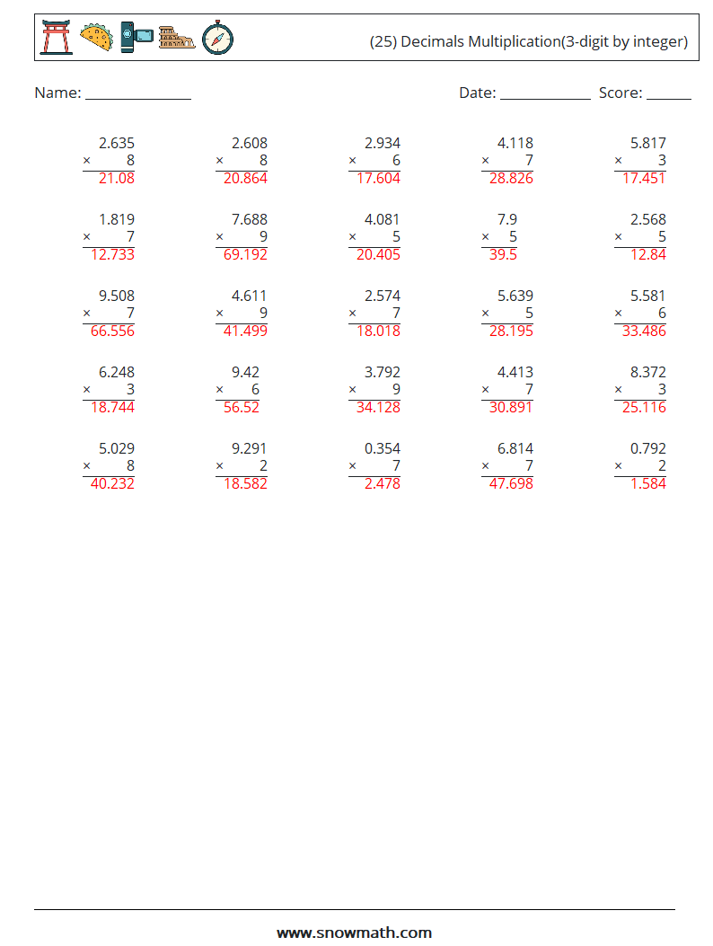 (25) Decimals Multiplication(3-digit by integer) Math Worksheets 10 Question, Answer