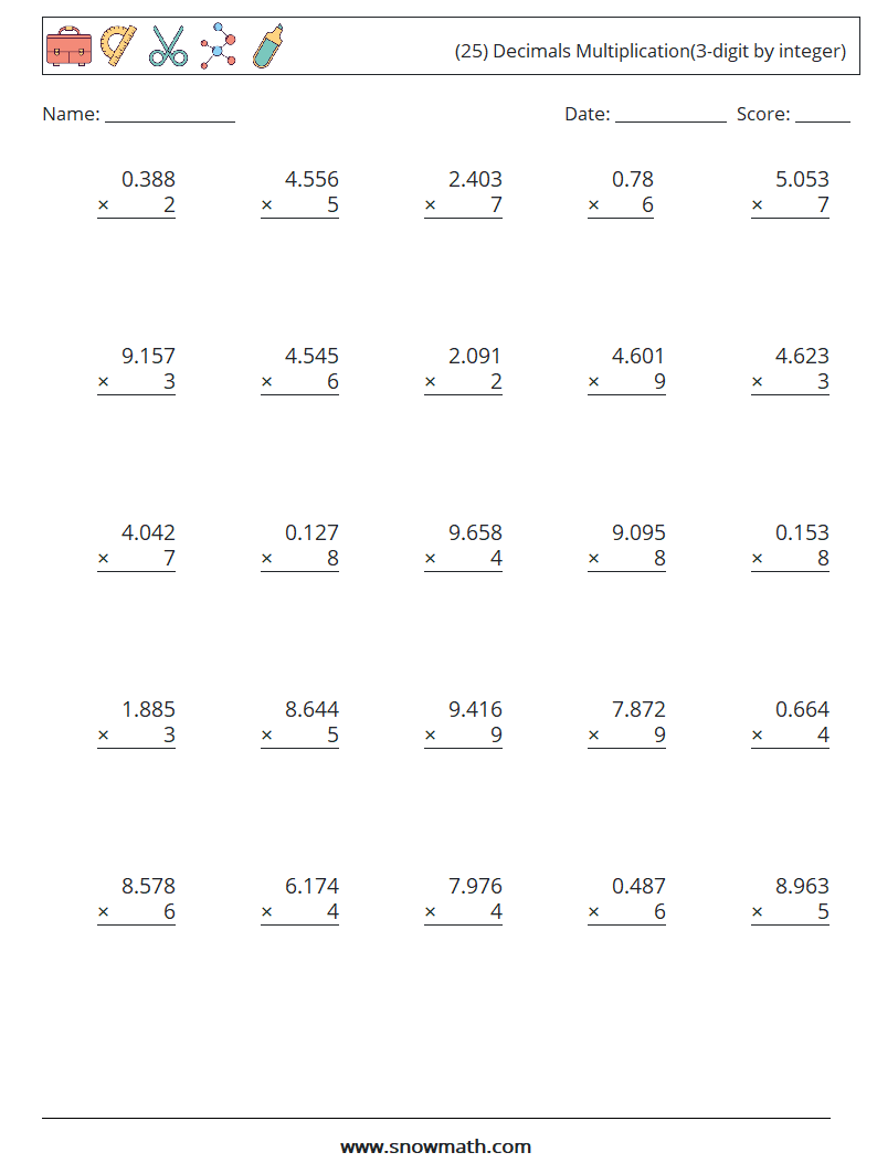 (25) Decimals Multiplication(3-digit by integer) Math Worksheets 11