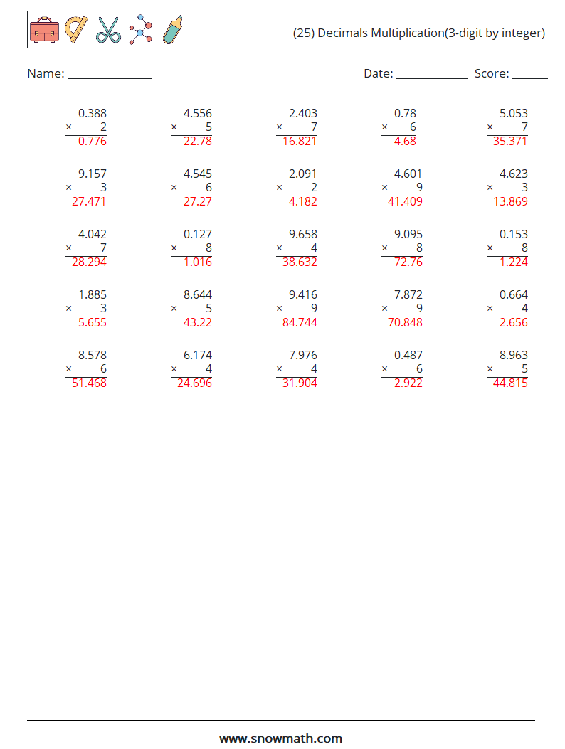 (25) Decimals Multiplication(3-digit by integer) Math Worksheets 11 Question, Answer