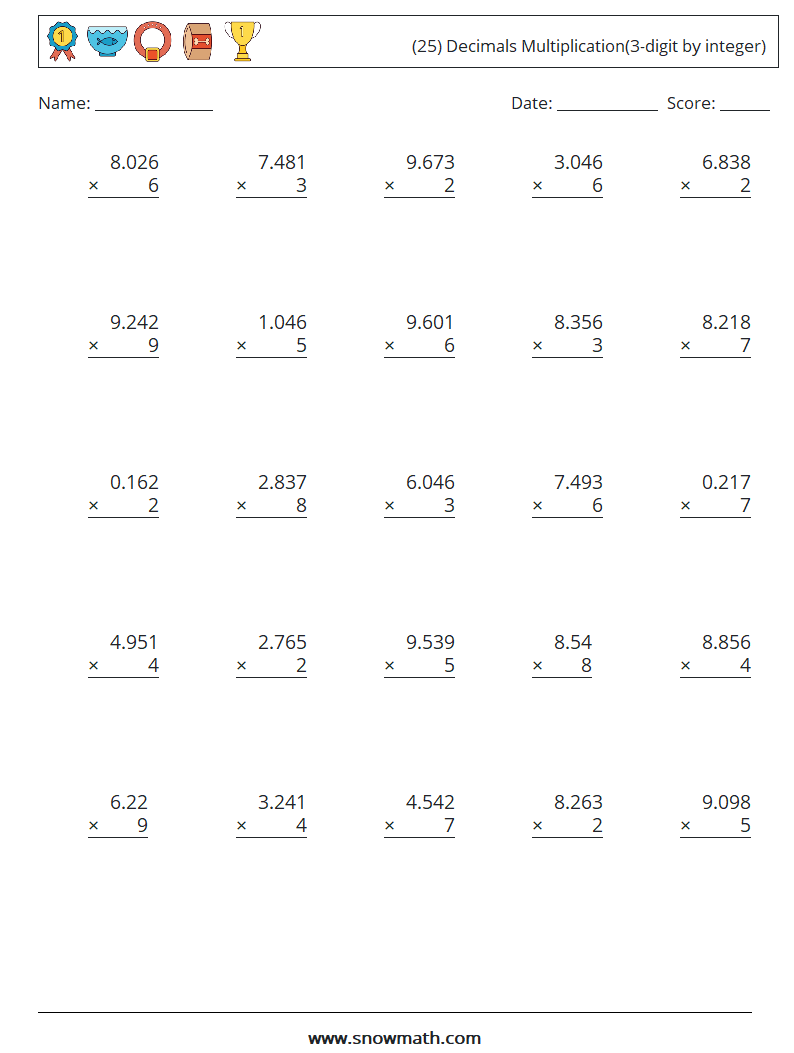 (25) Decimals Multiplication(3-digit by integer) Math Worksheets 12