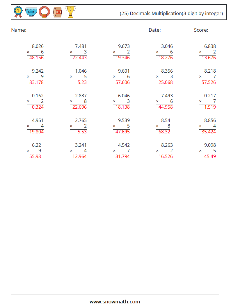 (25) Decimals Multiplication(3-digit by integer) Math Worksheets 12 Question, Answer