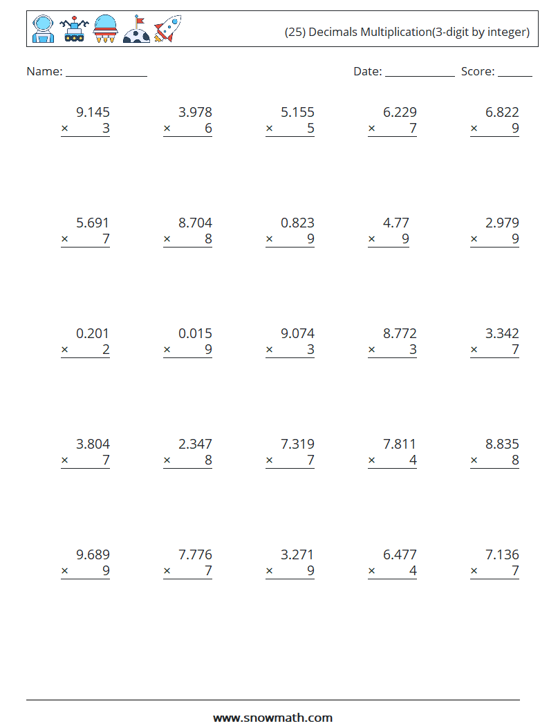 (25) Decimals Multiplication(3-digit by integer) Math Worksheets 13