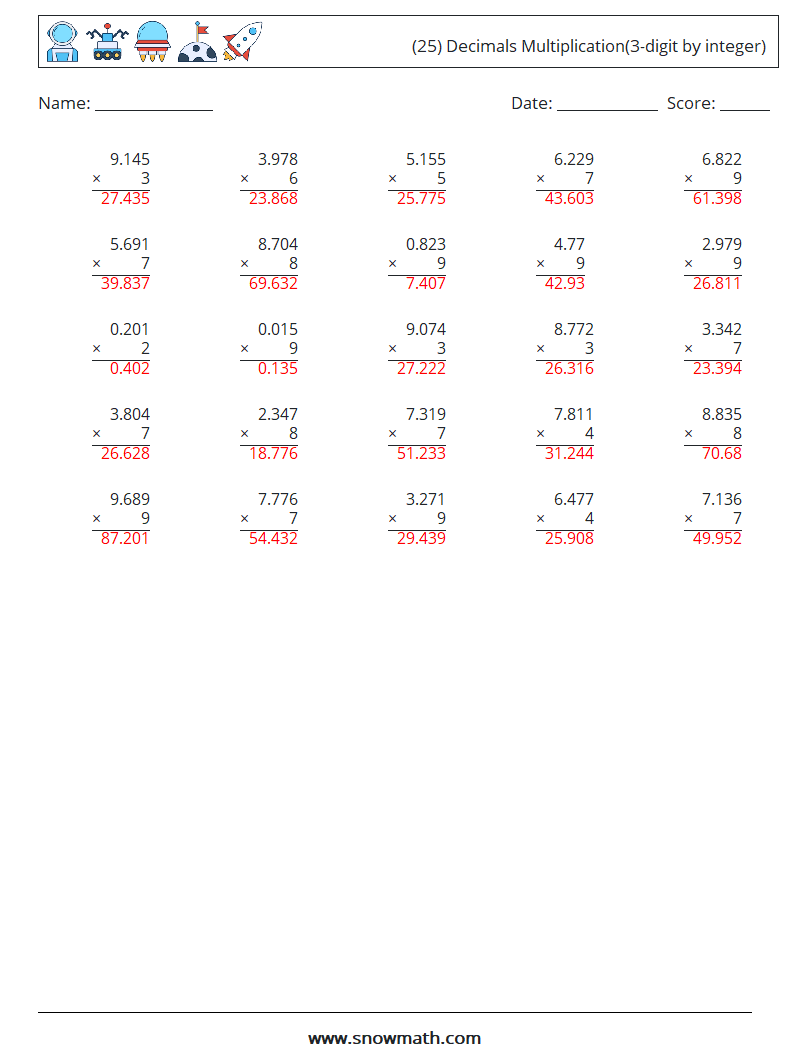 (25) Decimals Multiplication(3-digit by integer) Math Worksheets 13 Question, Answer