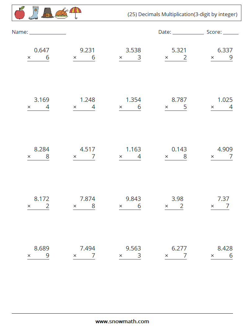 (25) Decimals Multiplication(3-digit by integer) Math Worksheets 15