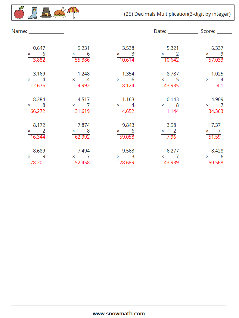 (25) Decimals Multiplication(3-digit by integer) Math Worksheets 15 Question, Answer