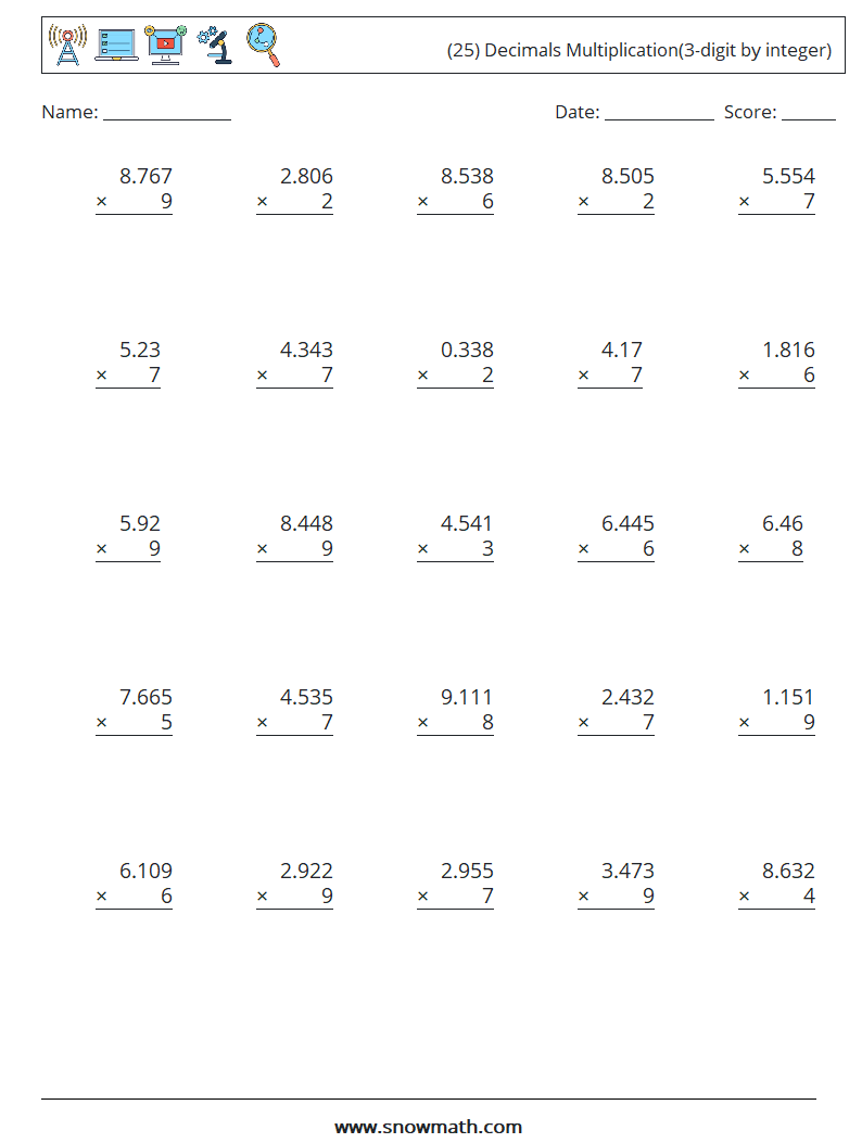 (25) Decimals Multiplication(3-digit by integer) Math Worksheets 16