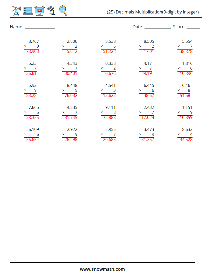 (25) Decimals Multiplication(3-digit by integer) Math Worksheets 16 Question, Answer