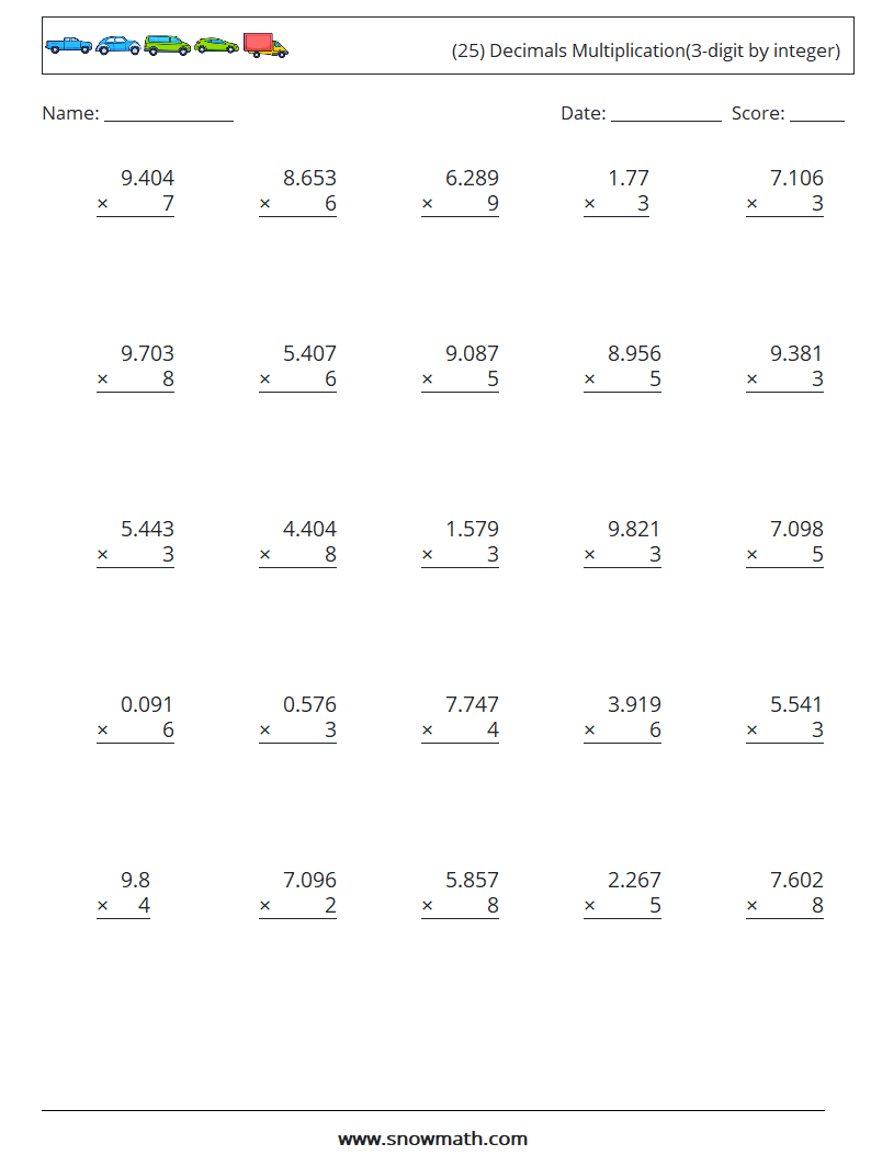 (25) Decimals Multiplication(3-digit by integer) Math Worksheets 17