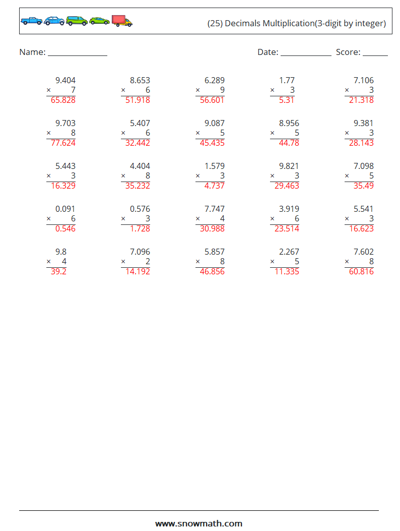 (25) Decimals Multiplication(3-digit by integer) Math Worksheets 17 Question, Answer