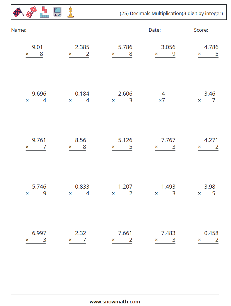 (25) Decimals Multiplication(3-digit by integer) Math Worksheets 18