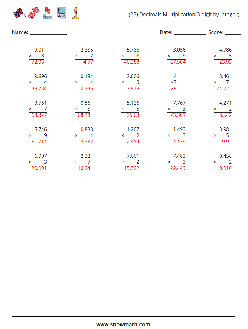 (25) Decimals Multiplication(3-digit by integer) Math Worksheets 18 Question, Answer