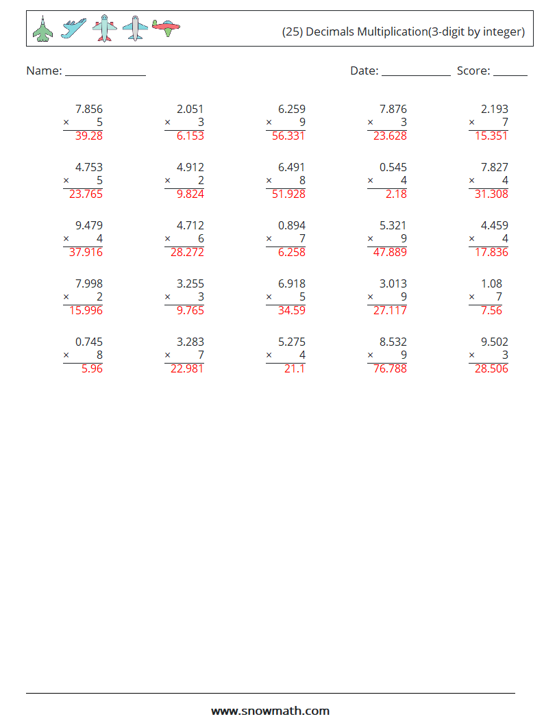 (25) Decimals Multiplication(3-digit by integer) Math Worksheets 1 Question, Answer