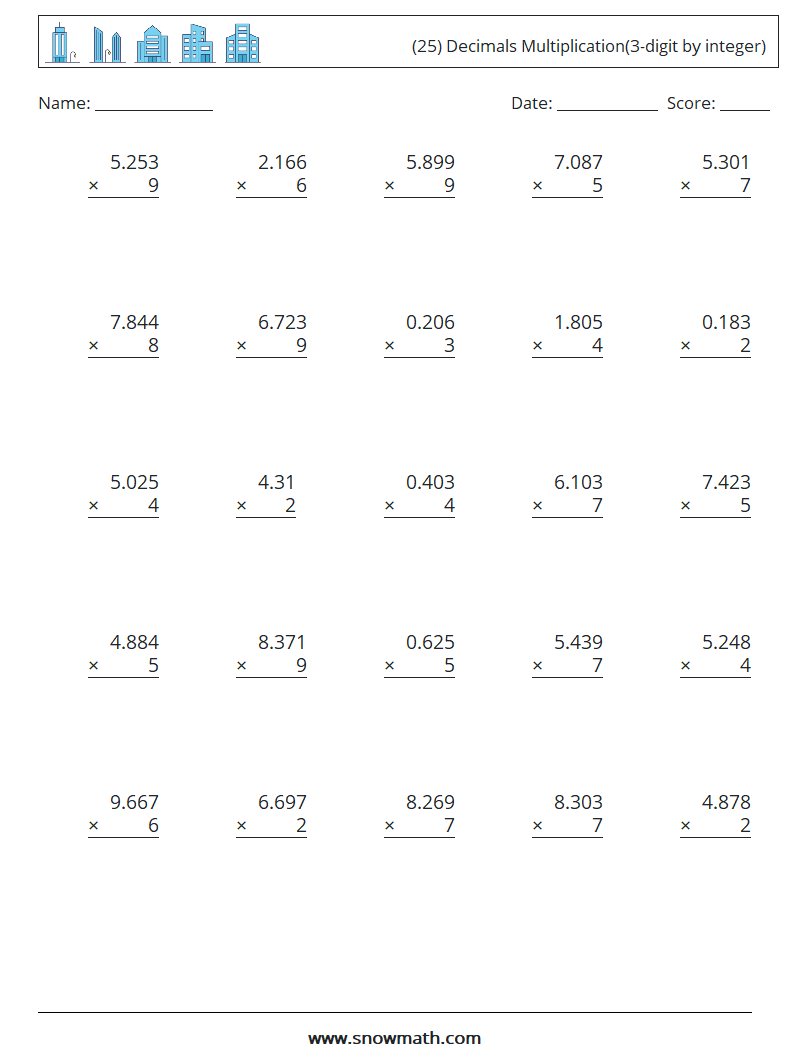 (25) Decimals Multiplication(3-digit by integer) Math Worksheets 2
