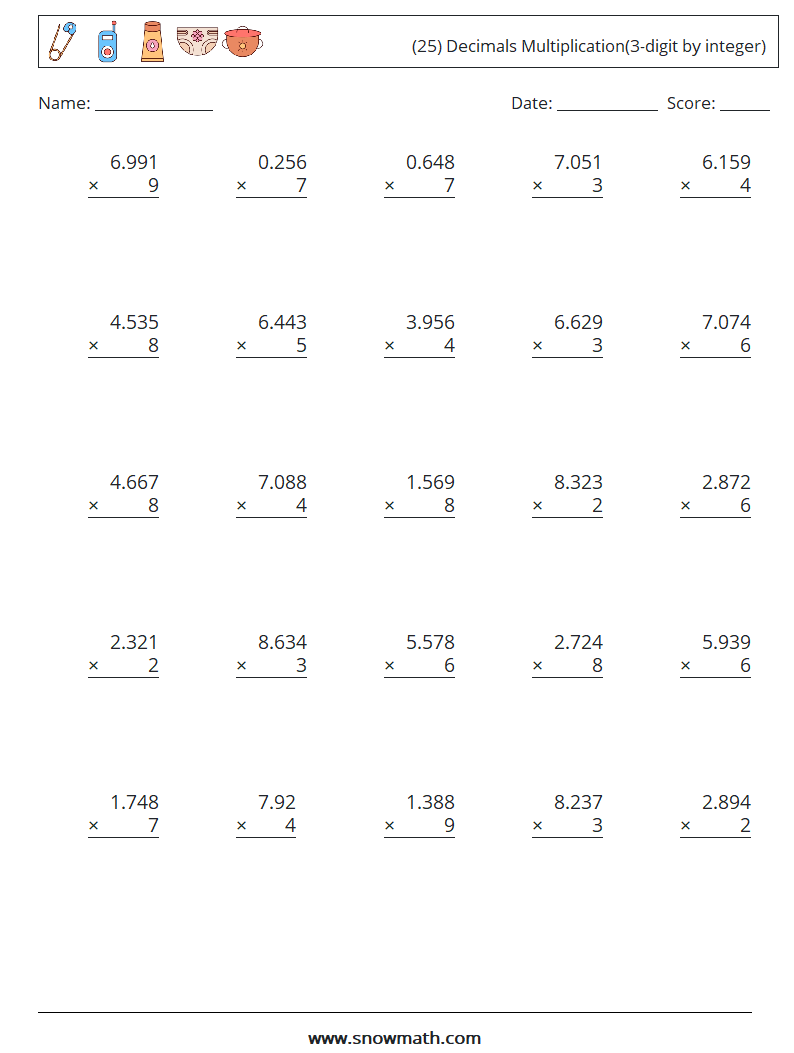 (25) Decimals Multiplication(3-digit by integer) Math Worksheets 3