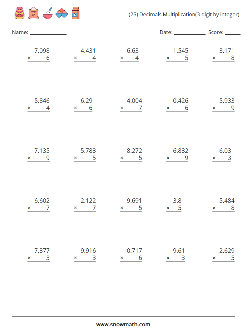 (25) Decimals Multiplication(3-digit by integer) Math Worksheets 5
