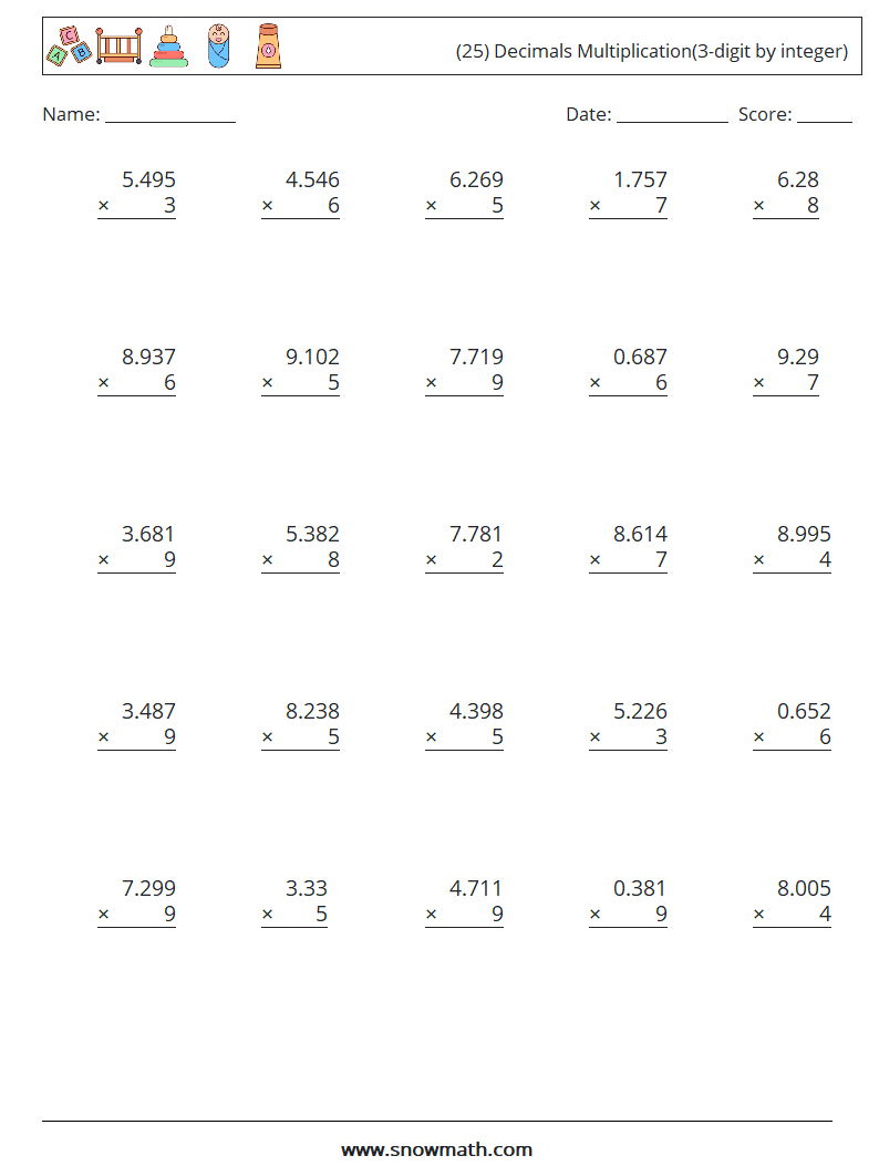(25) Decimals Multiplication(3-digit by integer) Math Worksheets 6