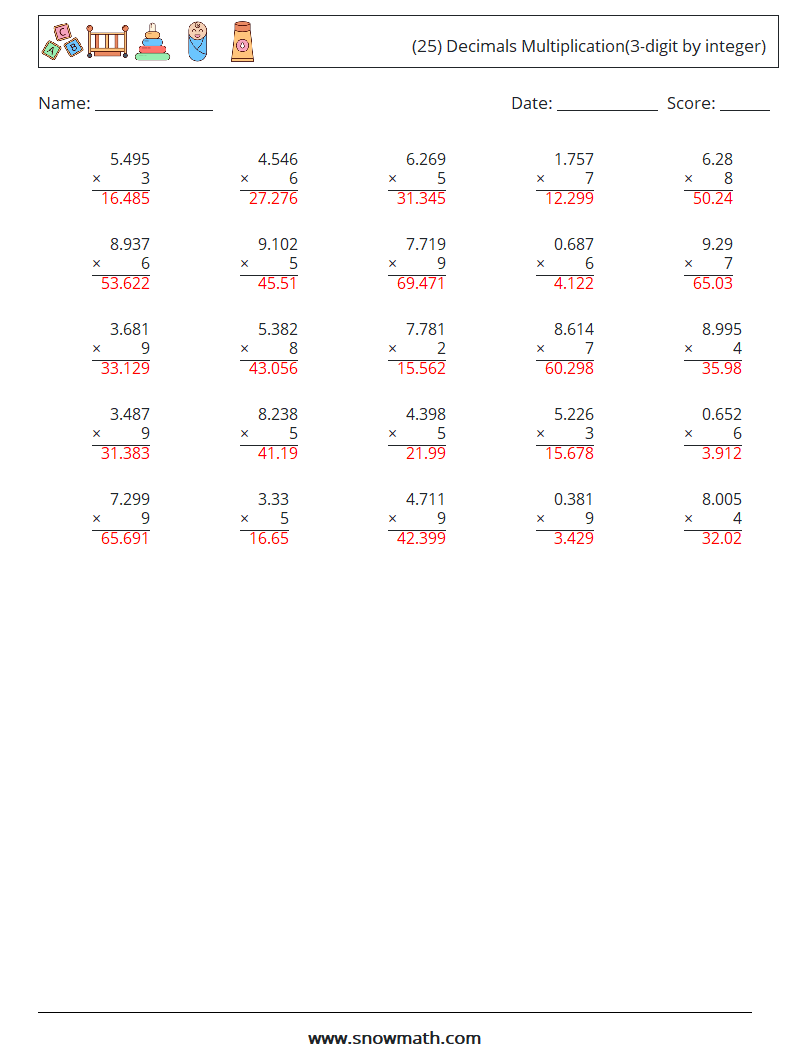 (25) Decimals Multiplication(3-digit by integer) Math Worksheets 6 Question, Answer