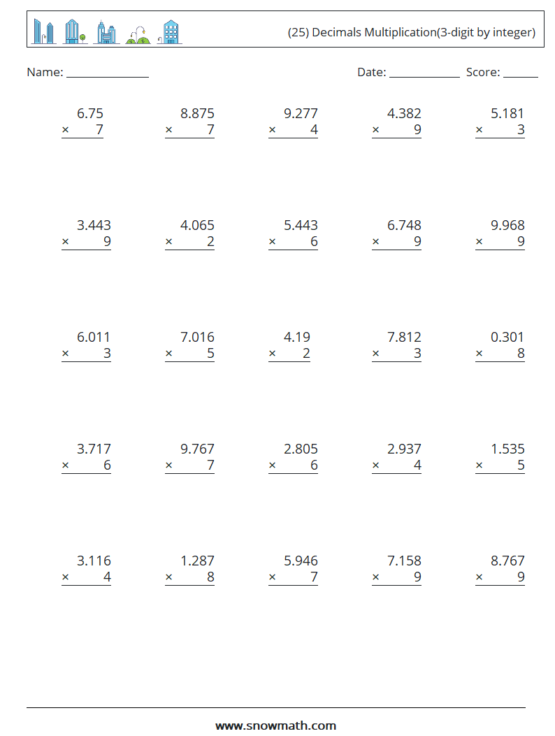 (25) Decimals Multiplication(3-digit by integer) Math Worksheets 7
