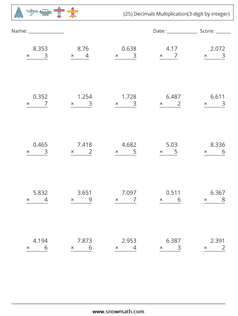 (25) Decimals Multiplication(3-digit by integer) Math Worksheets 8