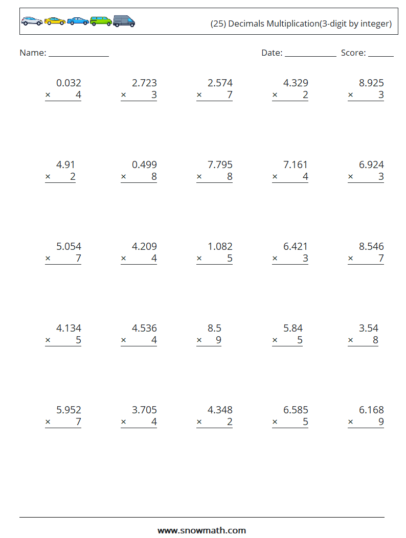 (25) Decimals Multiplication(3-digit by integer) Math Worksheets 9