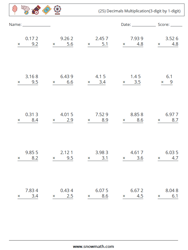 (25) Decimals Multiplication(3-digit by 1-digit) Math Worksheets 10