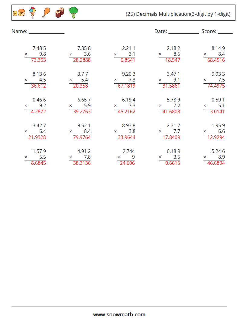 (25) Decimals Multiplication(3-digit by 1-digit) Math Worksheets 12 Question, Answer