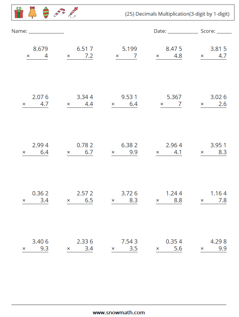 (25) Decimals Multiplication(3-digit by 1-digit) Math Worksheets 13