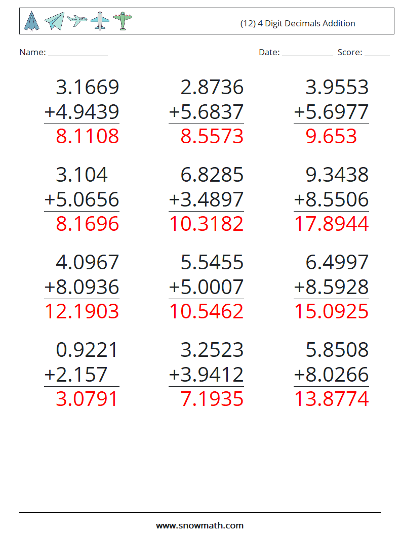 (12) 4 Digit Decimals Addition Math Worksheets 11 Question, Answer