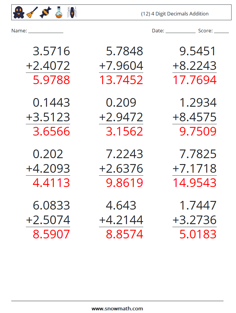 (12) 4 Digit Decimals Addition Math Worksheets 12 Question, Answer
