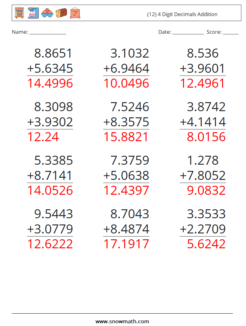 (12) 4 Digit Decimals Addition Math Worksheets 14 Question, Answer