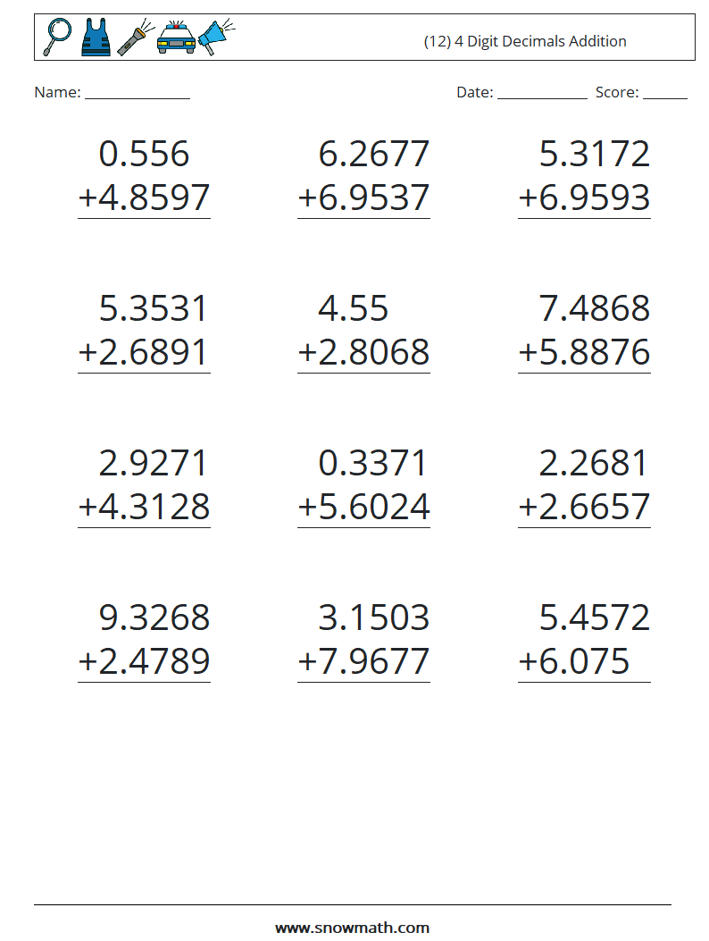 (12) 4 Digit Decimals Addition Math Worksheets 16