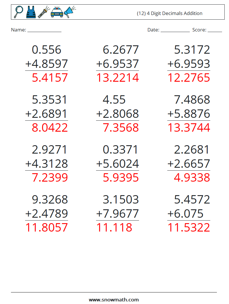 (12) 4 Digit Decimals Addition Math Worksheets 16 Question, Answer