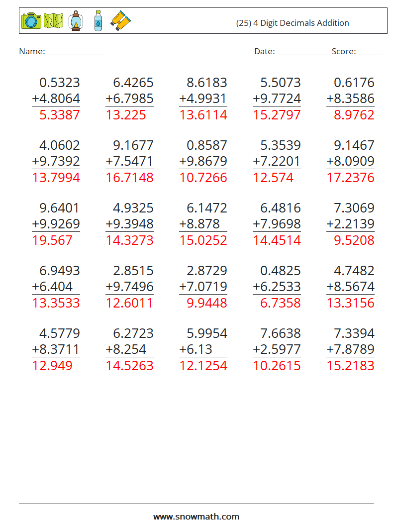 (25) 4 Digit Decimals Addition Math Worksheets 15 Question, Answer