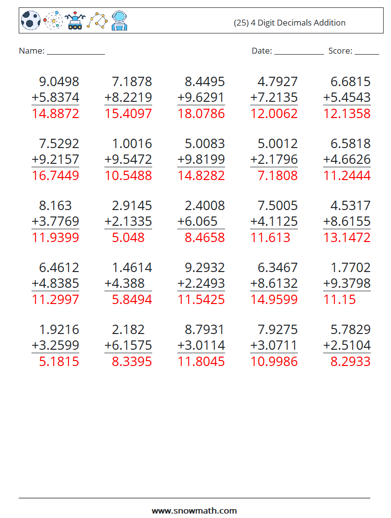 (25) 4 Digit Decimals Addition Math Worksheets 18 Question, Answer