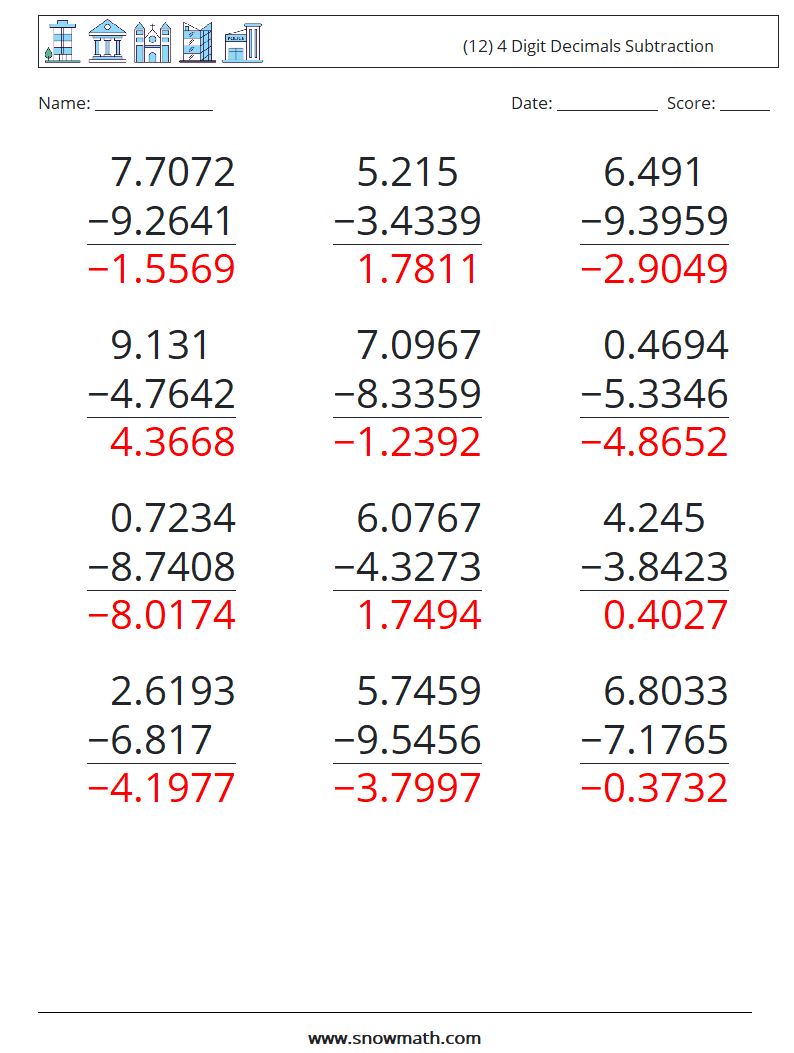 (12) 4 Digit Decimals Subtraction Math Worksheets 10 Question, Answer