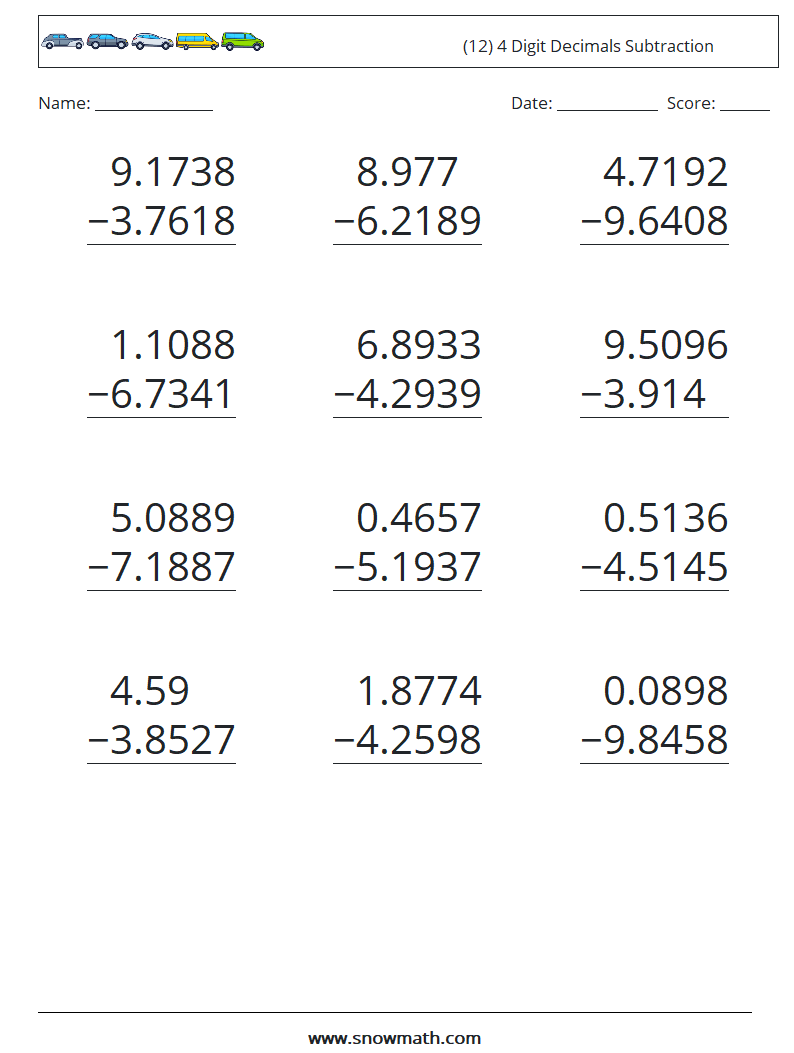 (12) 4 Digit Decimals Subtraction Math Worksheets 12