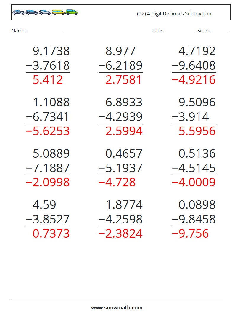 (12) 4 Digit Decimals Subtraction Math Worksheets 12 Question, Answer