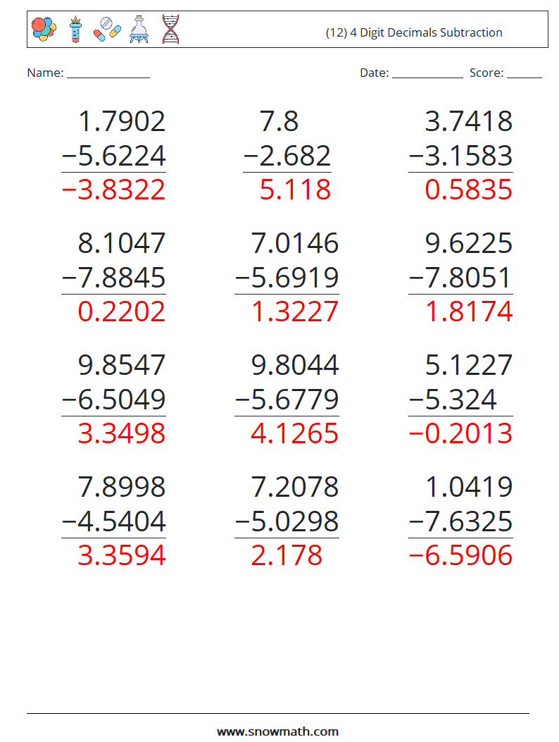 (12) 4 Digit Decimals Subtraction Math Worksheets 13 Question, Answer