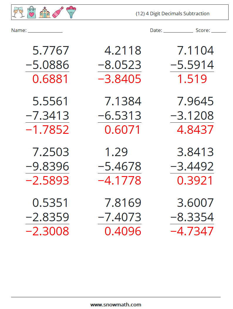 (12) 4 Digit Decimals Subtraction Math Worksheets 18 Question, Answer