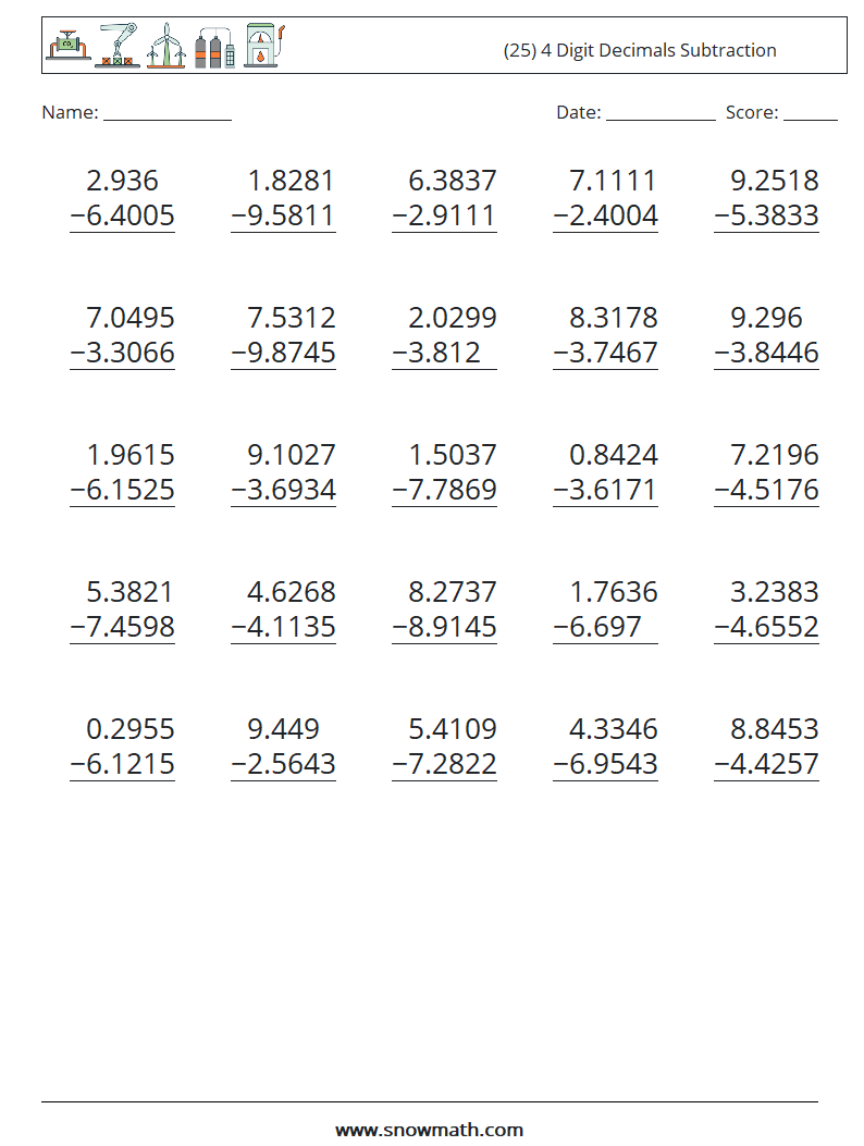 (25) 4 Digit Decimals Subtraction Math Worksheets 11