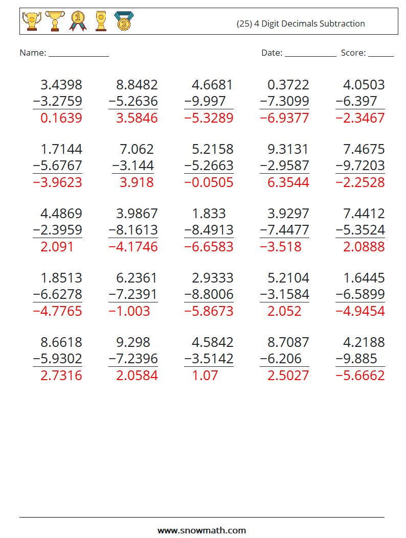 (25) 4 Digit Decimals Subtraction Math Worksheets 12 Question, Answer