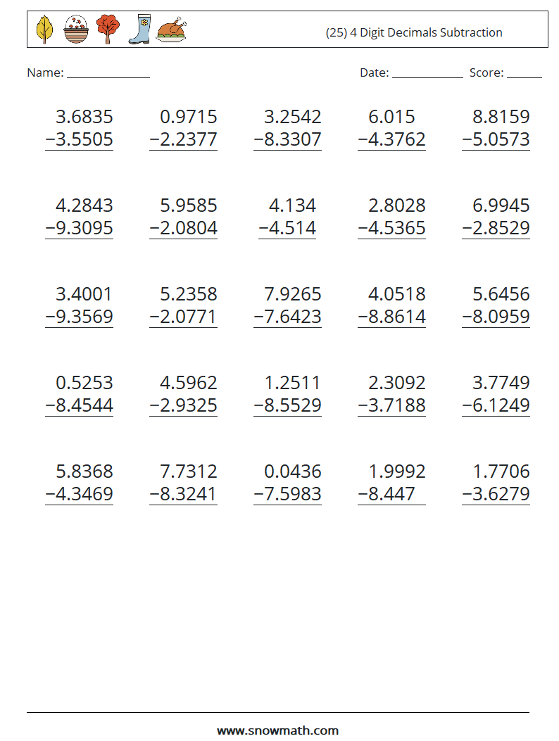 (25) 4 Digit Decimals Subtraction Math Worksheets 14