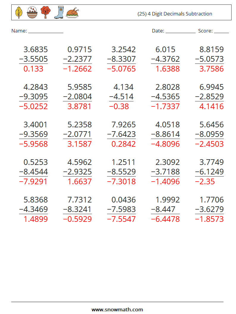 (25) 4 Digit Decimals Subtraction Math Worksheets 14 Question, Answer