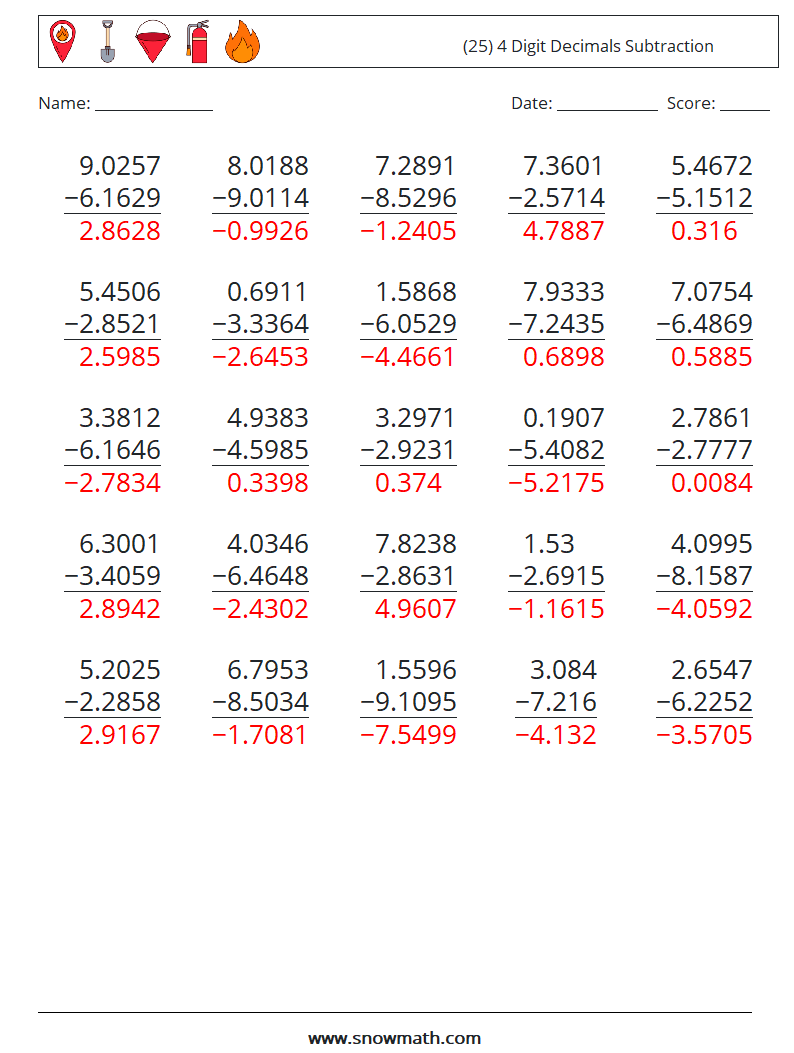(25) 4 Digit Decimals Subtraction Math Worksheets 15 Question, Answer