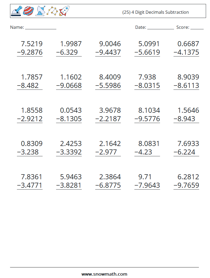 (25) 4 Digit Decimals Subtraction Math Worksheets 16