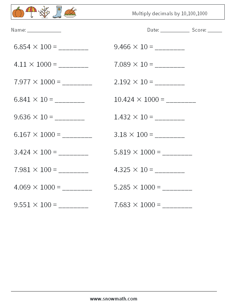 Multiply decimals by 10,100,1000 Math Worksheets 10