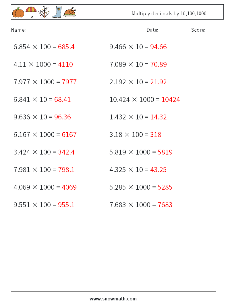 Multiply decimals by 10,100,1000 Math Worksheets 10 Question, Answer