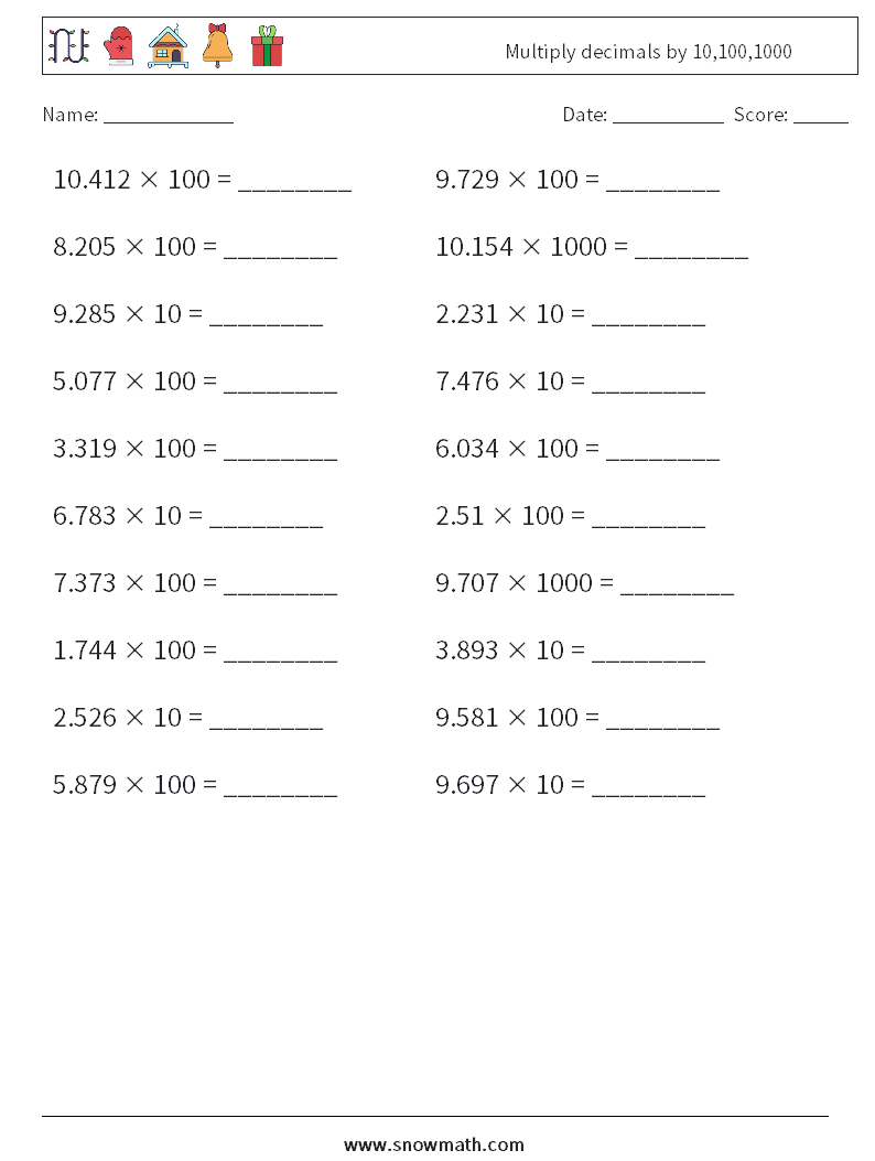 Multiply decimals by 10,100,1000 Math Worksheets 12