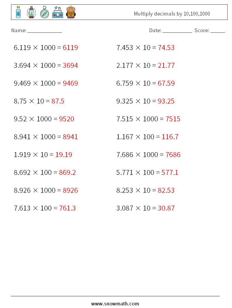Multiply decimals by 10,100,1000 Math Worksheets 14 Question, Answer