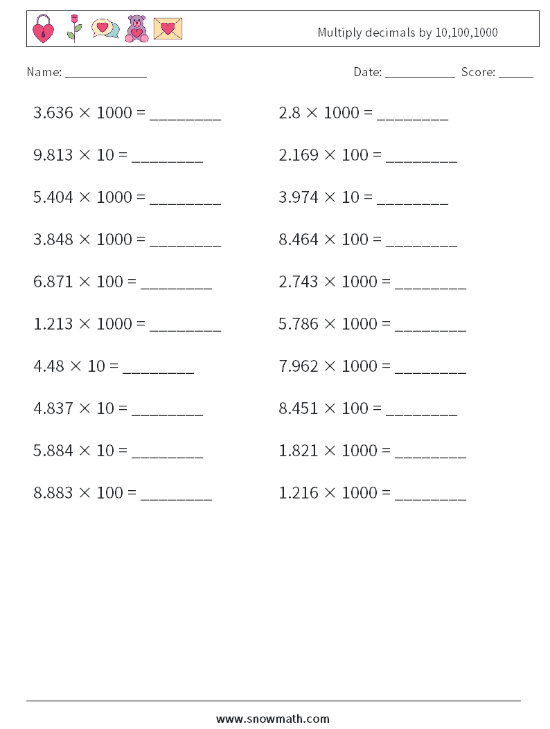 Multiply decimals by 10,100,1000 Math Worksheets 15